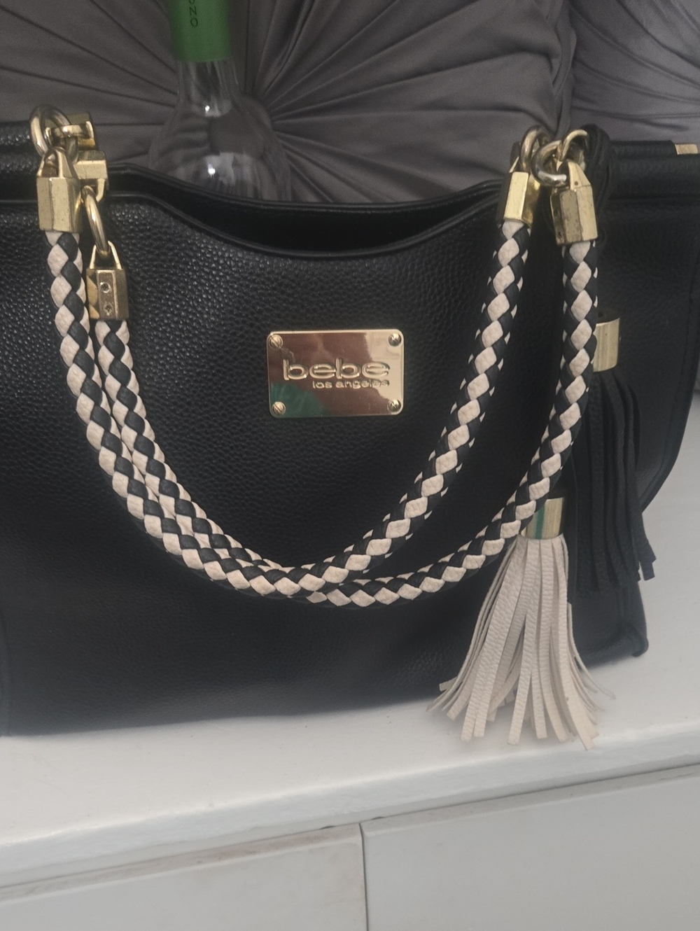 bebe Black and Cream Braided Handle Tote with Tassel